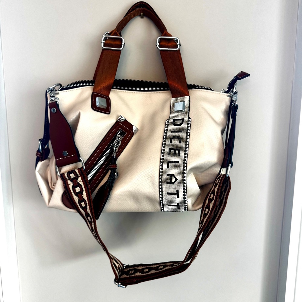 DiceLatti Cream Faux Leather Satchel with Rhinestone Logo guitar‎  Crossbody